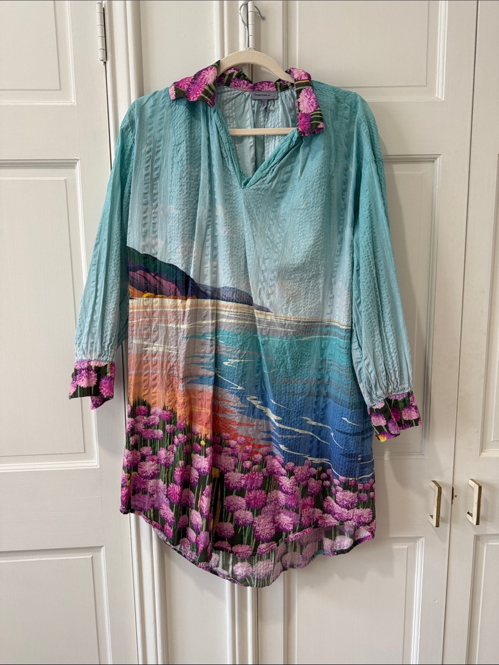 Aqua Scenic Floral V-Neck Tunic with Pink Accents